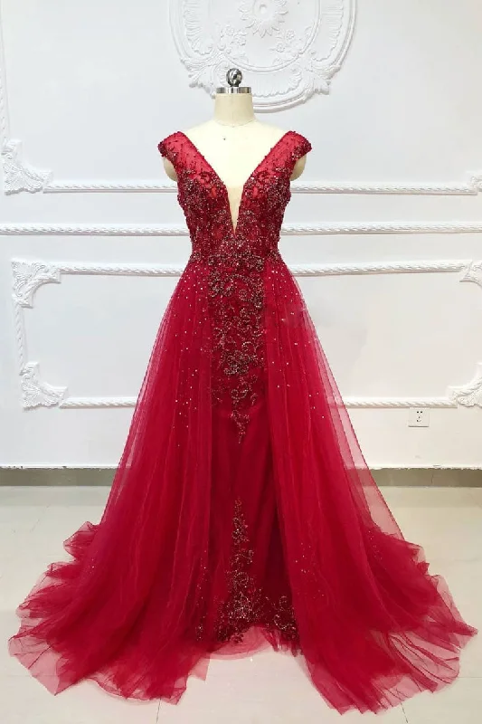 Cool Style Burgundy v neck tulle beads long prom dress, burgundy evening dress