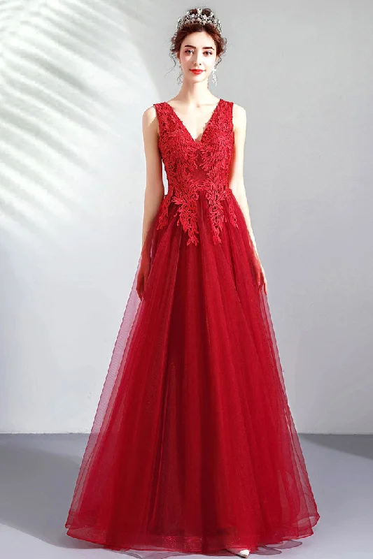 Retro Prints Burgundy v neck tulle lace long prom dress, burgundy evening dress