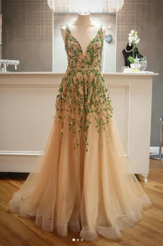 Fashionable In The Times Champagne tulle beads sequin long prom dress, champagne evening dress