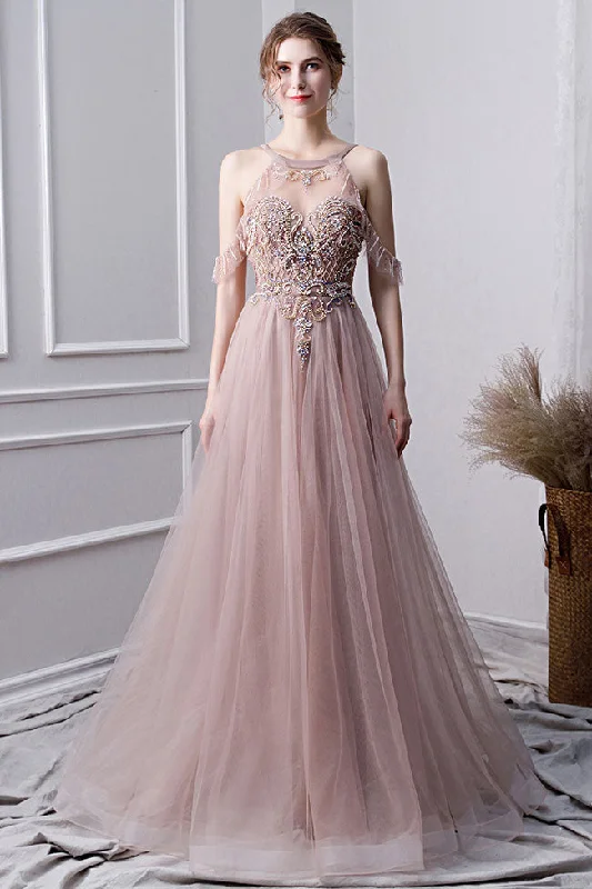 Integrated Design Champagne tulle beads long prom dress, champagne evening dress