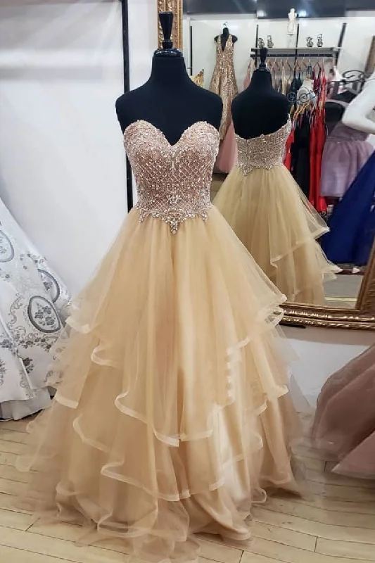 Energy Wear Champagne tulle sweetheart long prom dress, champagne evening dress