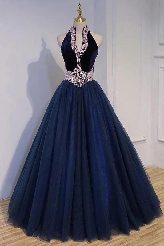 Celebrity Style Dark blue tulle beads long prom dress, dark blue evening dress