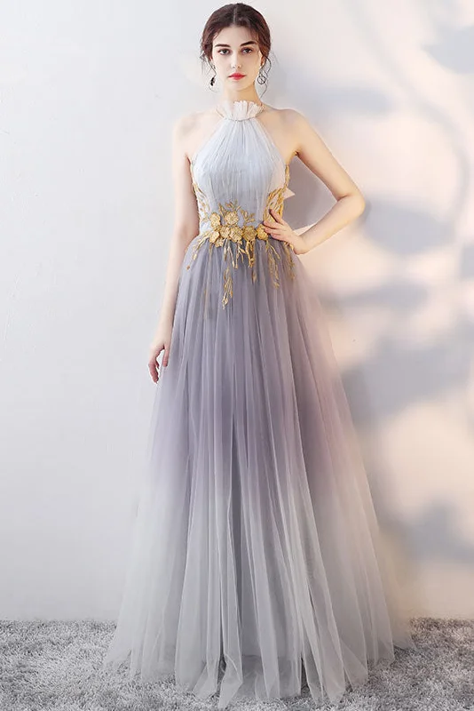 Printed Patterns Gray tulle lace long prom dress, gray evening dress