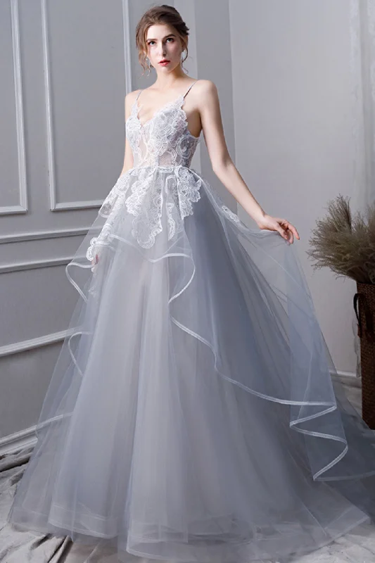 Noble And Elegant Gray tulle lace long prom dress, gray tulle lace evening dress