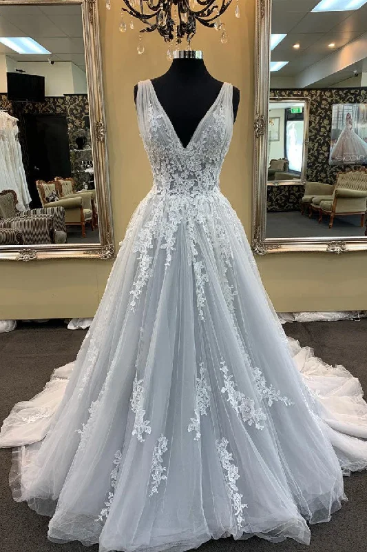Street Fashion Gray v neck tulle lace long prom dress, gray tulle evening dress