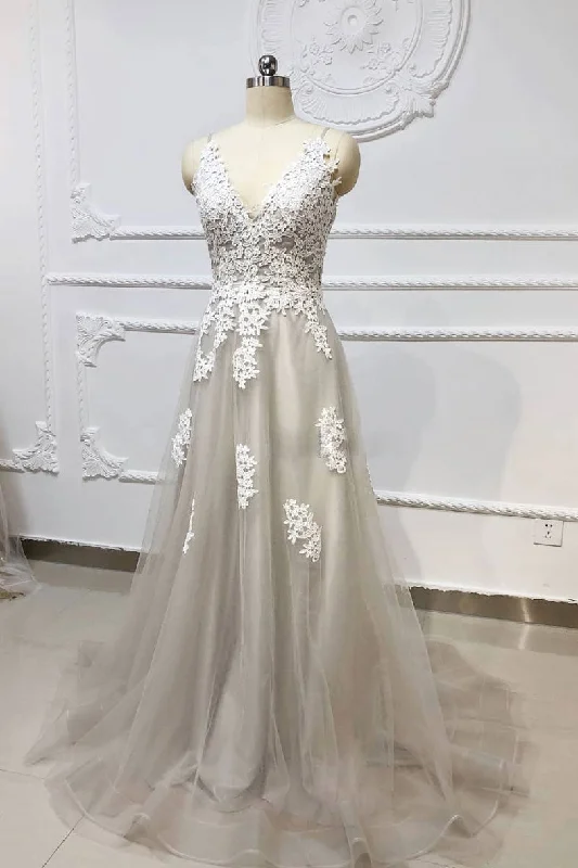 Classic Style Gray v neck tulle lace long prom dress, gray tulle evening dress