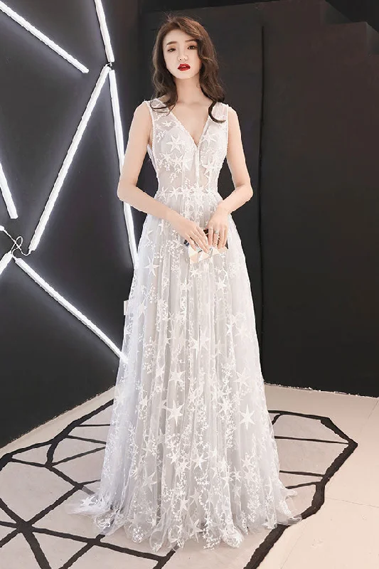 Bright Colors Gray white tulle lace long prom dress, gray tulle evening dress