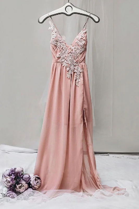 Fresh And Elegant Pink v neck chiffon lace long prom dress, pink evening dress
