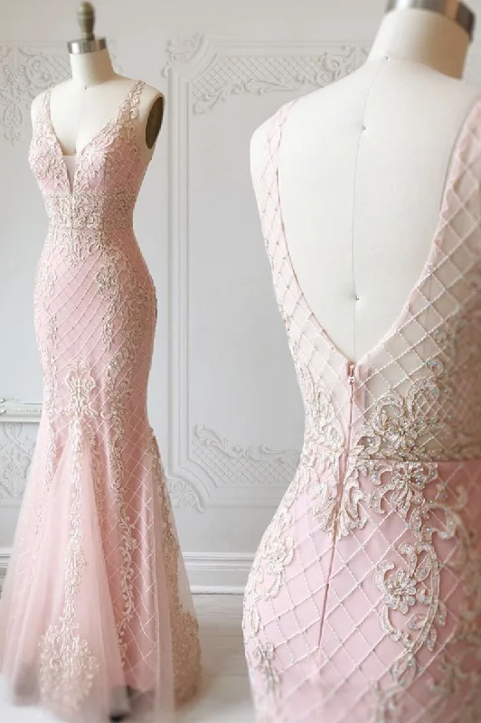 Quality Tailoring Pink v neck tulle lace mermaid long prom dress, pink evening dress
