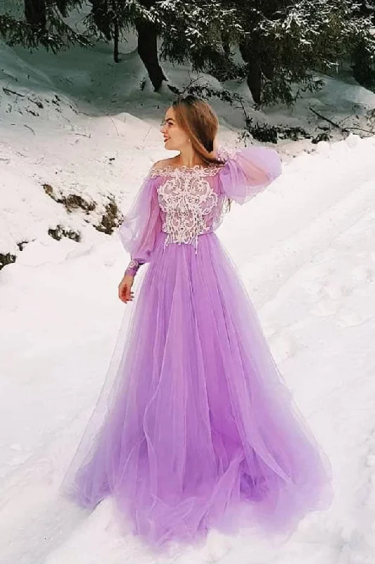 Personal Charm Purple tulle lace long prom dress, purple evening dress