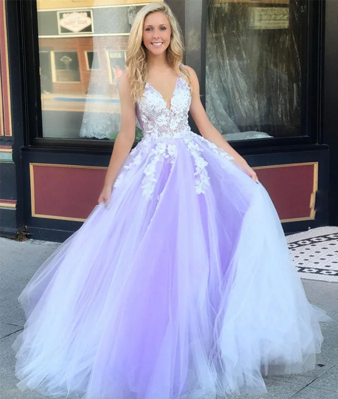 Youthful Vitality Purple tulle lace long prom dress, purple evening dress