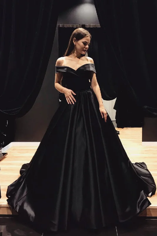 Modernism Simple sweetheart black satin long prom dress, black evening dress