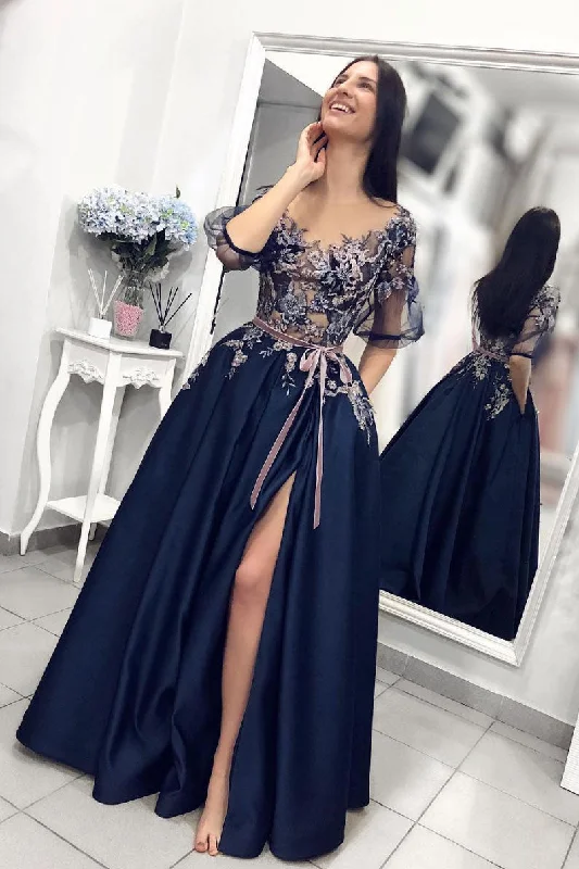 Classic Items Unique dark blue lace long prom dress, blue evening dress