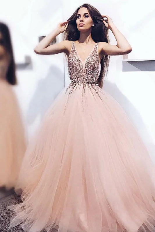 Breathable Design Unique v neck tulle beads long prom dress, tulle evening dress