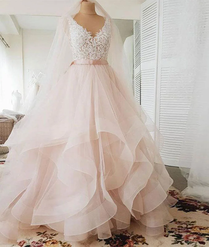 End Of The Year Unique v neck tulle lace long prom dress, tulle wedding dress