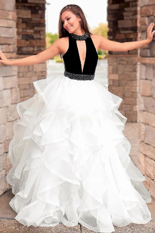 Fashionable Items White high neck tulle long prom dress, white tulle evening dress