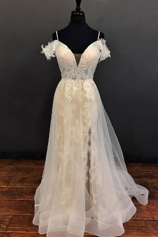 Trendy Items White off shoulder tulle lace long prom dress, lace evening dress