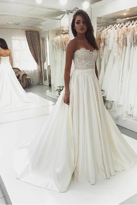 Refreshing Design White sweetheart lace satin long prom dress, white lace evening dress
