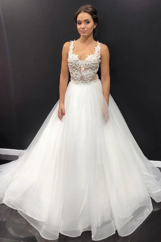 Exquisite Tailoring White sweetheart tulle lace long prom dress, white evening dress