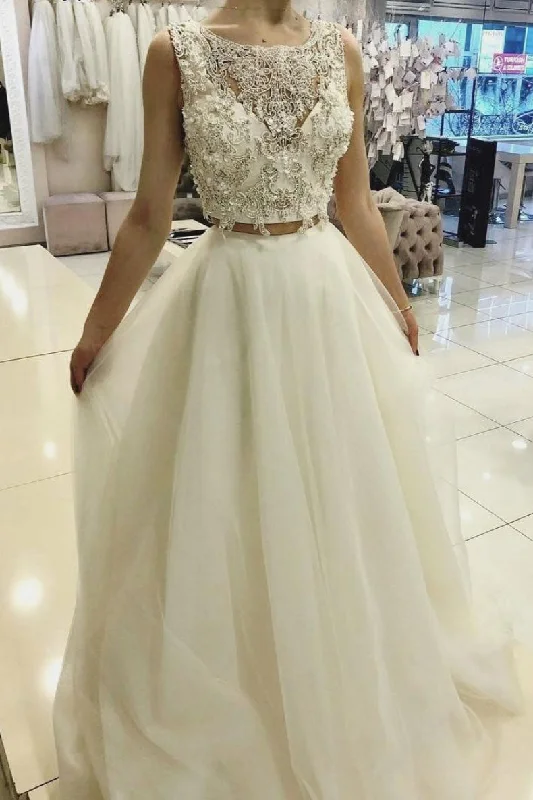 Design Trend White two pieces lace tulle long prom dress, white evening dress