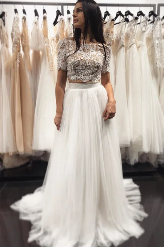 Fashion Concept White two pieces lace tulle long prom dress, white evening dress