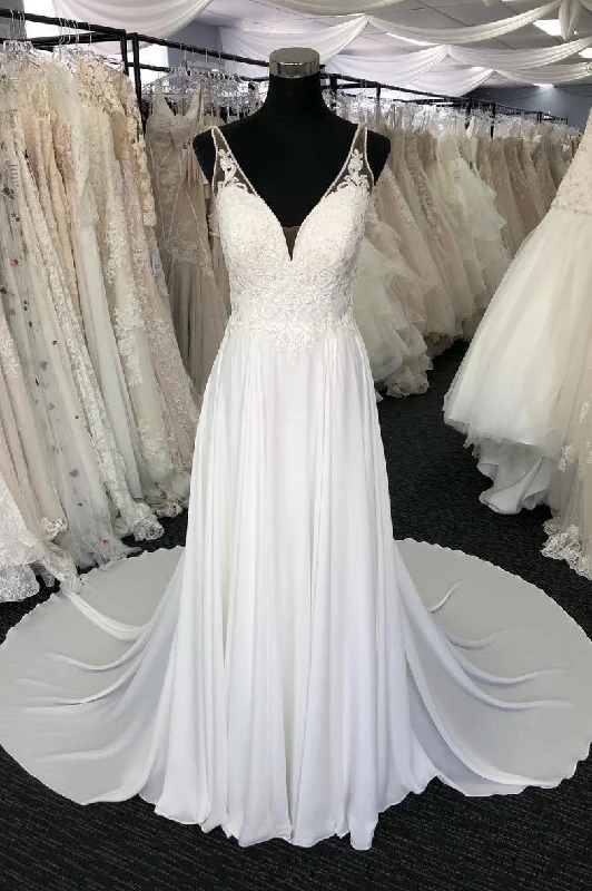 Fashion Must-have White v neck chiffon lace long prom dress, white evening dress