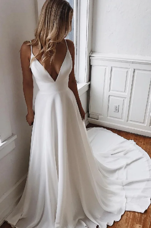 High-end Sense White v neck chiffon long prom dress, white lace evening dress
