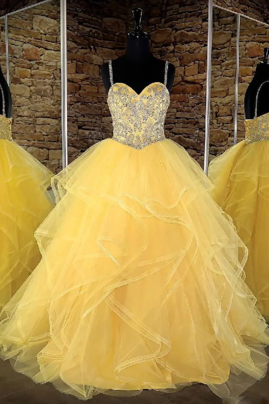 Sports Style Yellow sweetheart tulle sequin long prom dress, yellow evening dress
